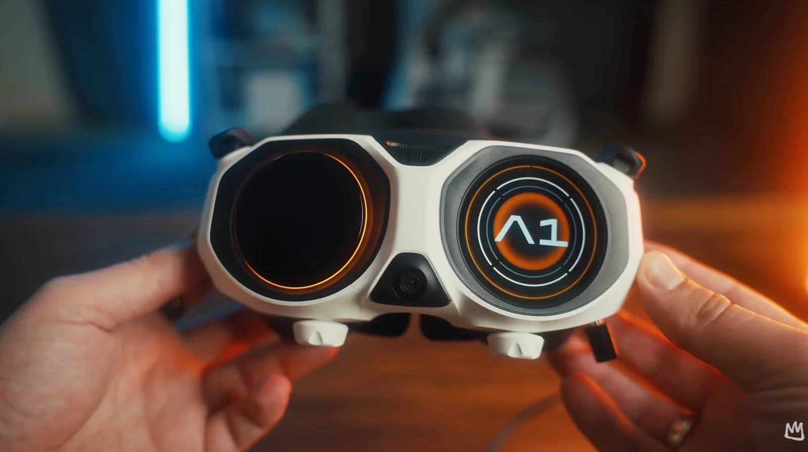 Hands holding a white FPV goggle headset with a glowing orange A1 logo on the right lens housing