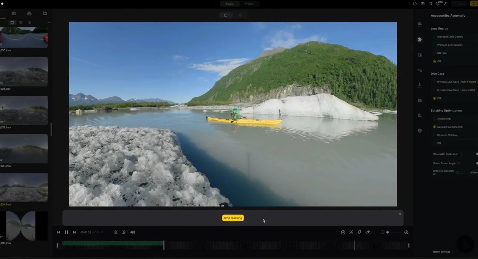 Insta360 Studio editing timeline showing 360 footage of a yellow kayak paddling between icebergs in a glacial lagoon