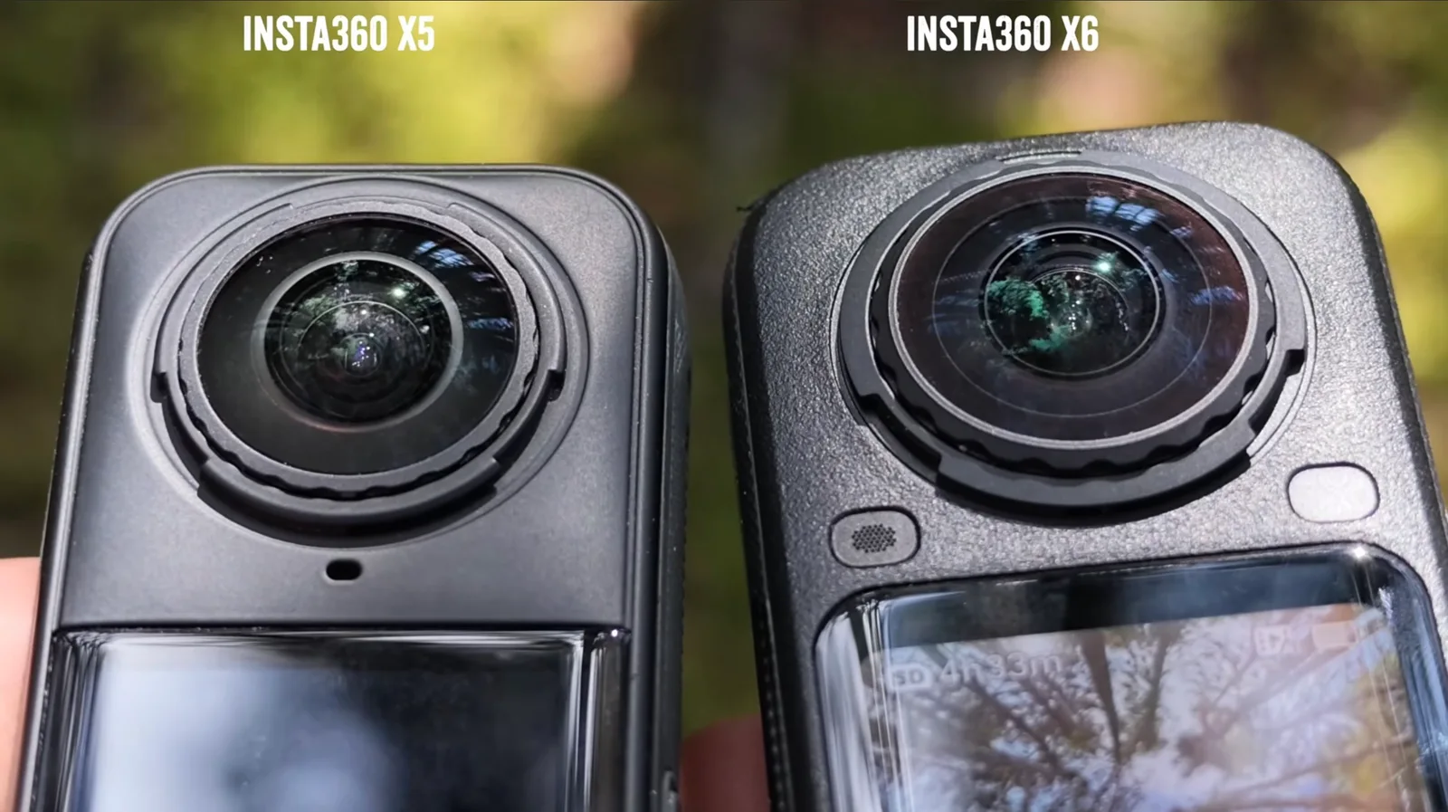 Close-up comparison of the Insta360 X5 and Insta360 X6 360-degree cameras side by side, showing their front lenses and touchscreens