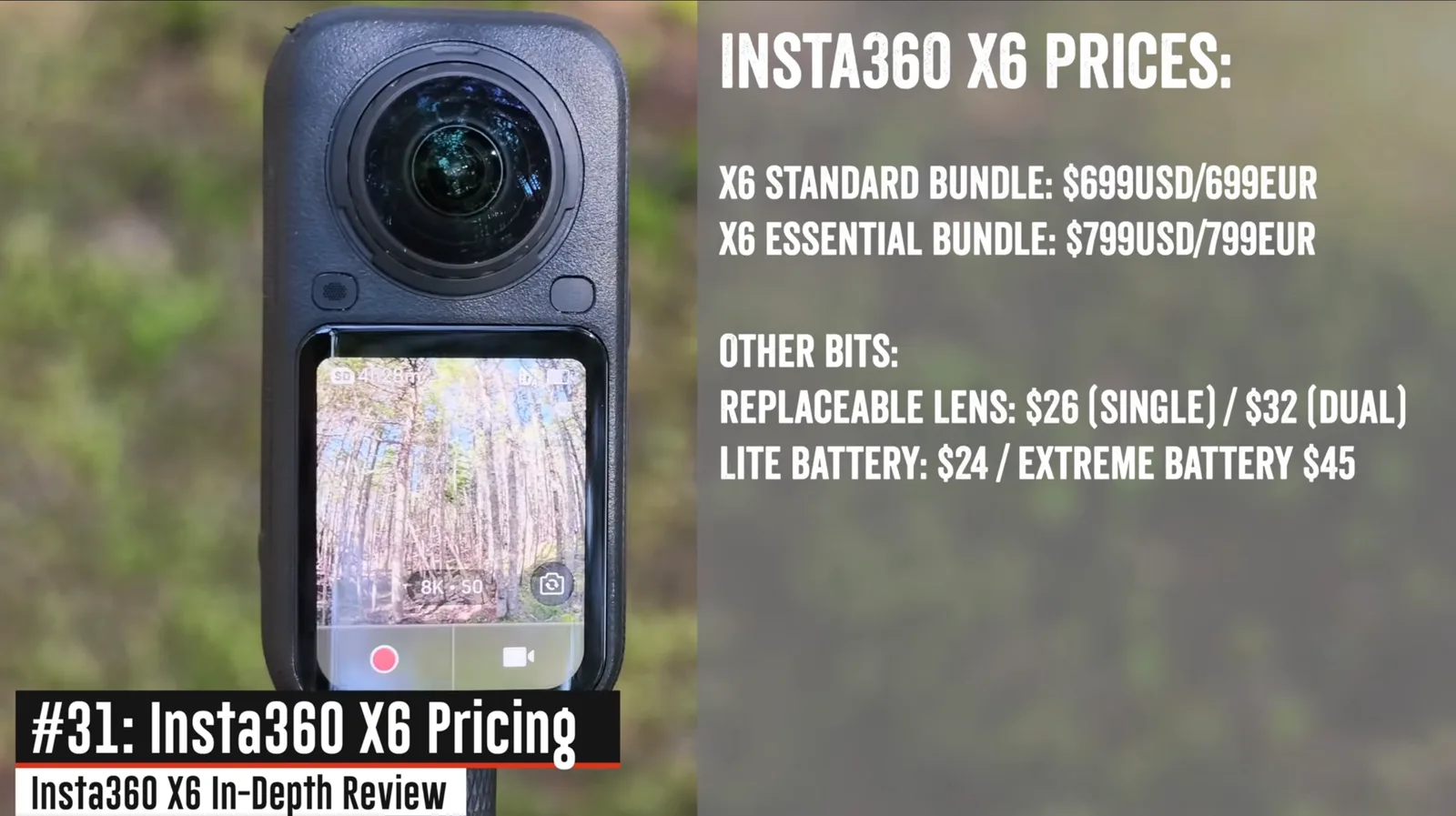 Insta360 X6 360-degree camera held up outdoors beside a slide listing X6 bundle and accessory pricing