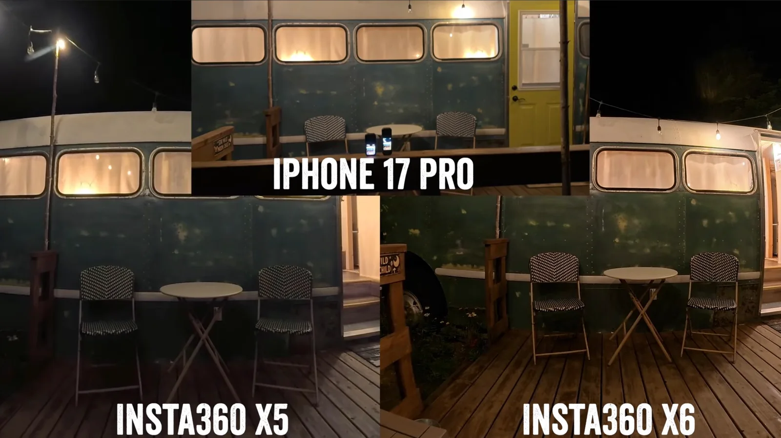 Four-way night-time video comparison of the same deck and bistro table shot on Insta360 X5, Insta360 X6 and iPhone 17 Pro