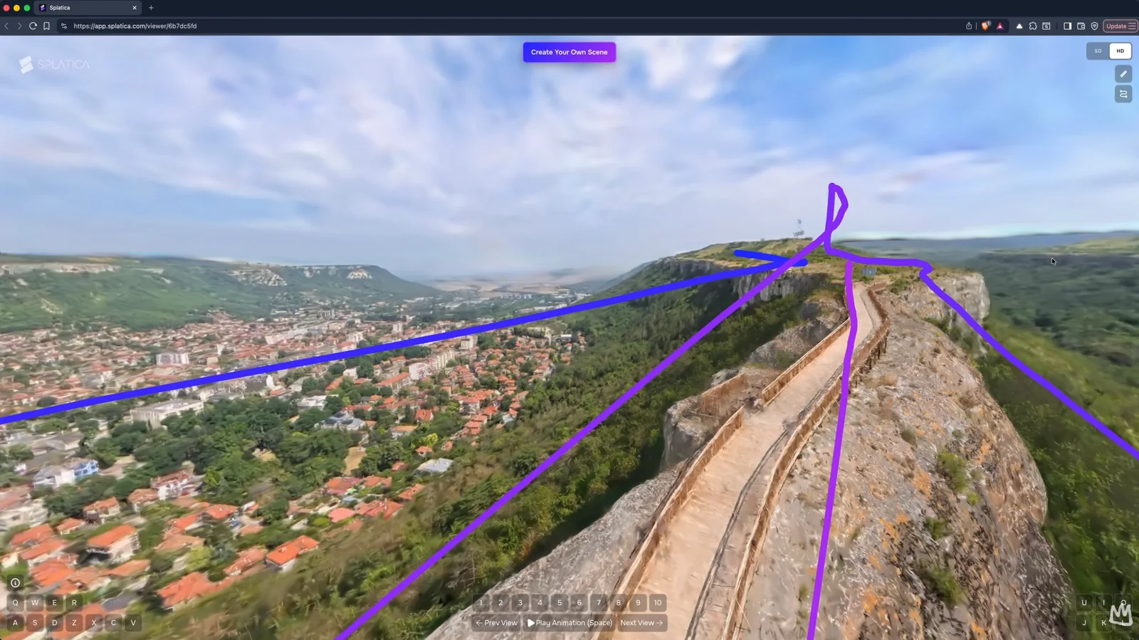 Splatica web viewer displaying a 3D Gaussian Splatting reconstruction of Ovech Fortress in Bulgaria, with the stone ridge and walls in the foreground and the town of Provadia below