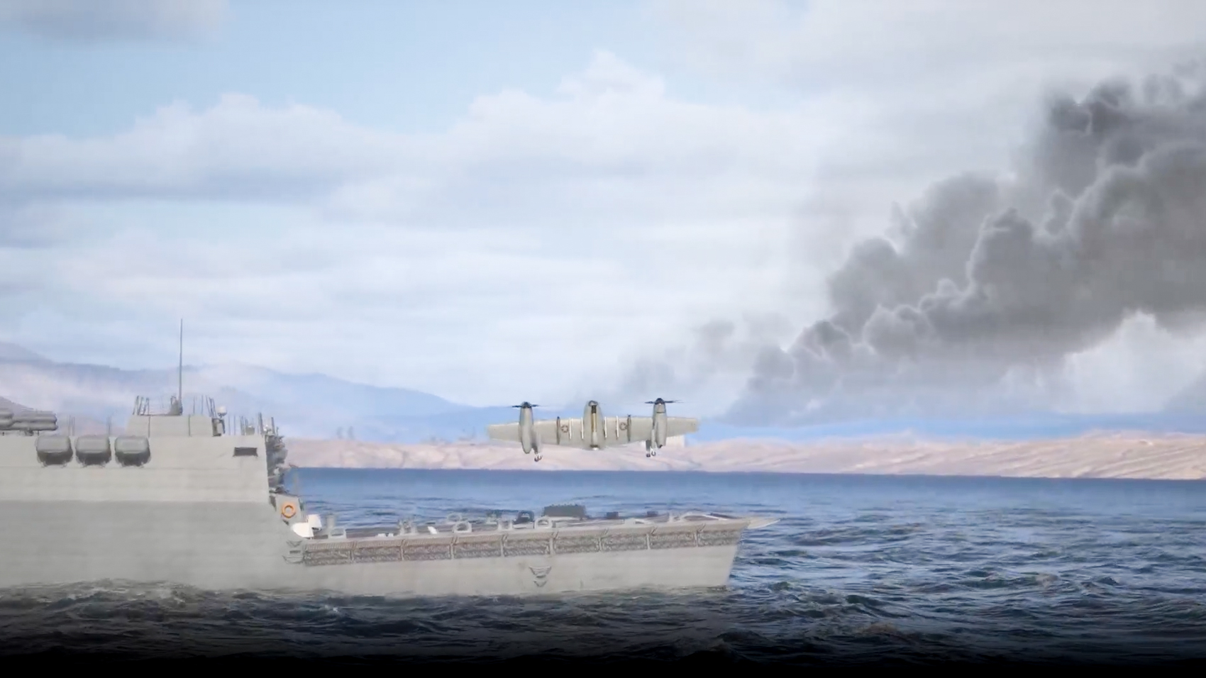 Rendering of a Sikorsky Nomad drone transitioning to land on the flight deck of a naval vessel at sea