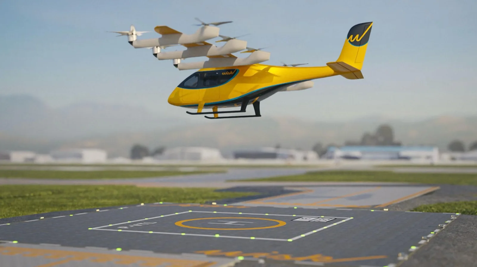Yellow Wisk Generation 6 autonomous eVTOL air taxi hovering above a marked vertiport landing pad at an airport