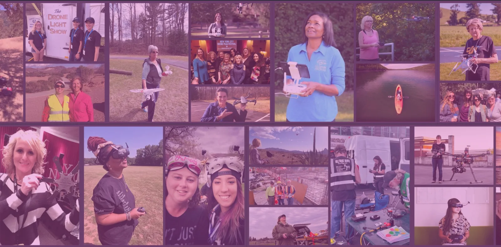 Photo collage of women drone pilots flying, holding and repairing drones at events, in open fields and on job sites