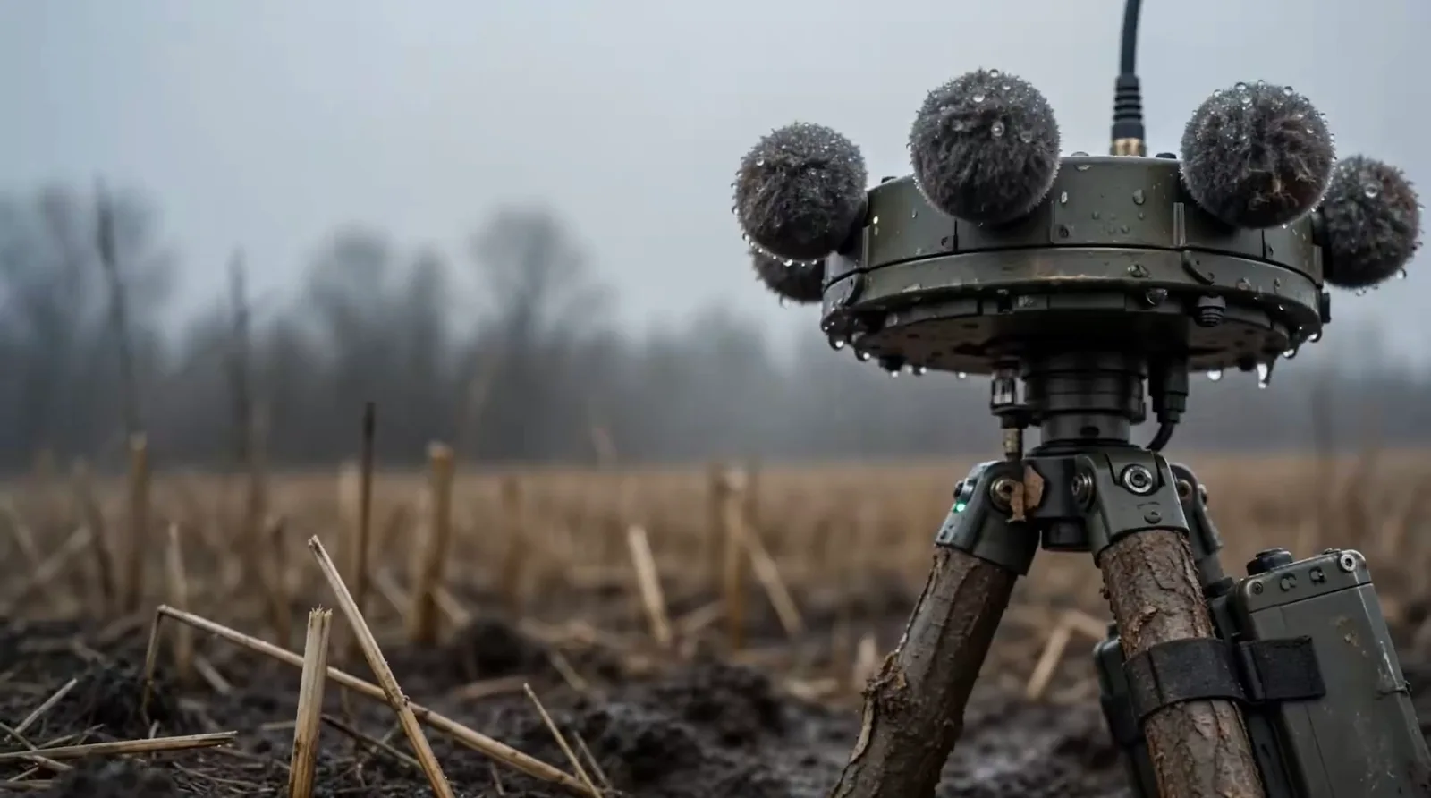 AI-rendered acoustic sensor array on a tripod in a muddy field, used to detect battlefield threats