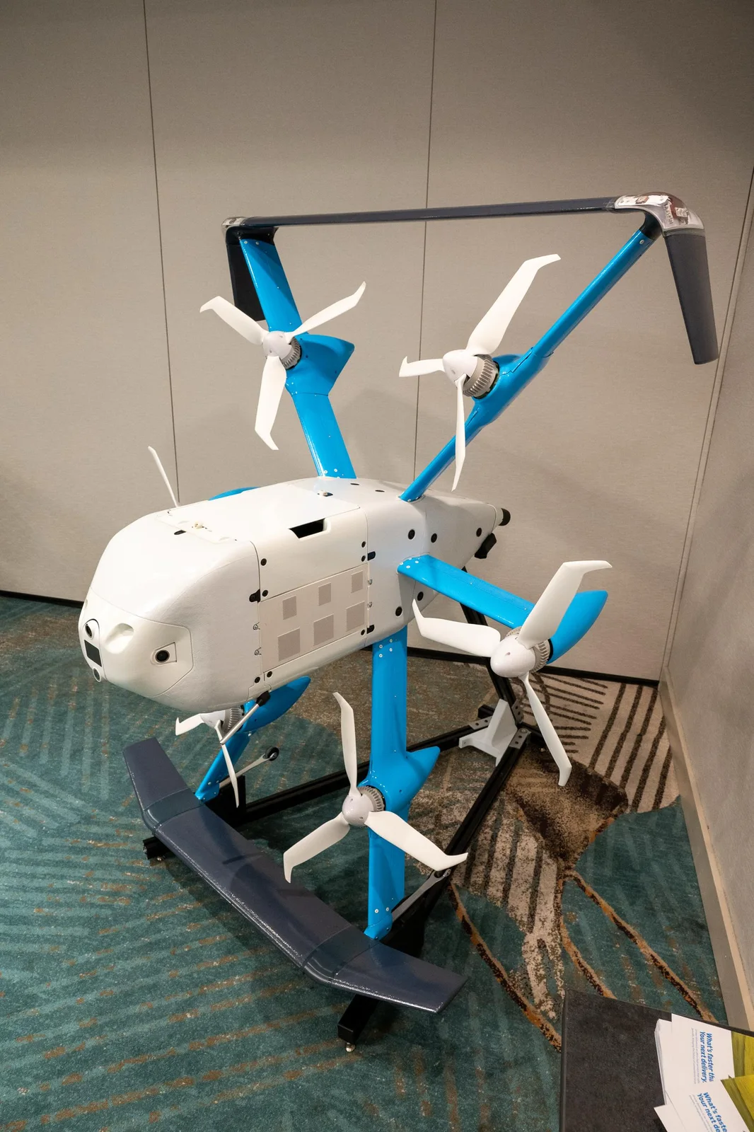Amazon MK30 delivery drone on a display stand at the Prime Air presentation