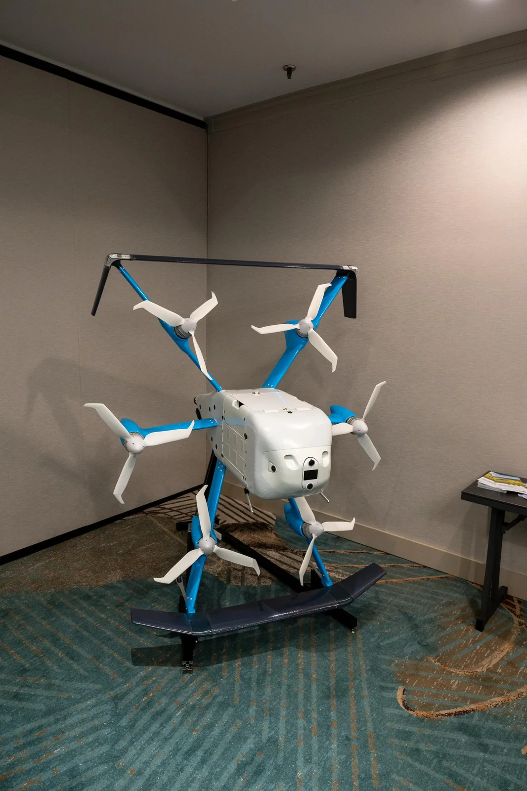 Amazon MK30 delivery drone on a display stand at the Amazon Prime Air presentation