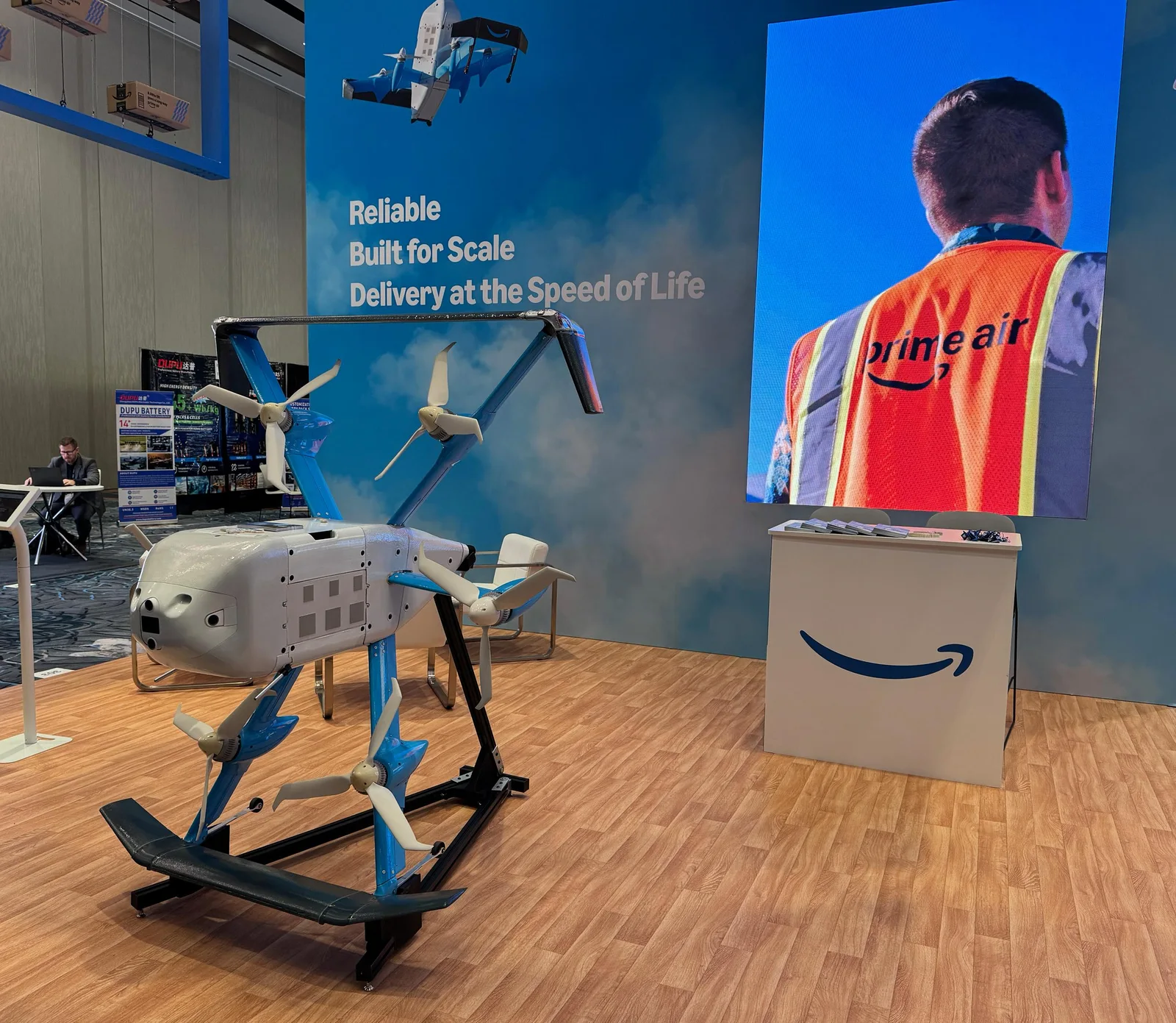 Amazon Prime Air MK30 delivery drone on a stand at the Amazon booth during the Commercial UAV Expo in Las Vegas