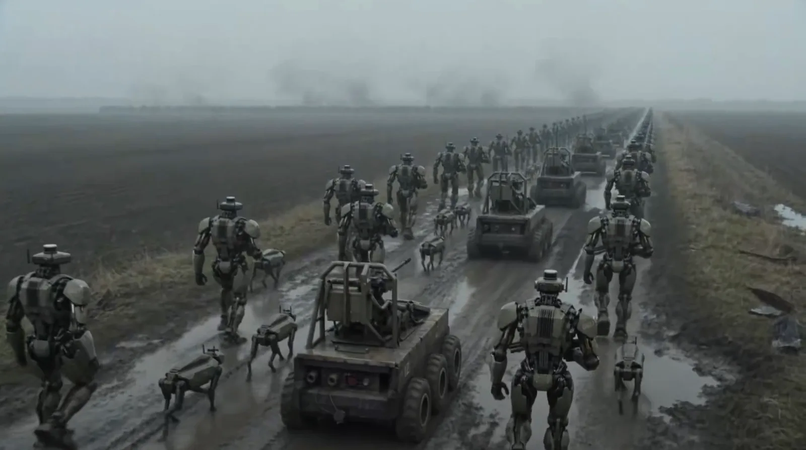 AI-rendered column of humanoid robots, quadruped robot dogs and armed UGVs marching down a muddy road