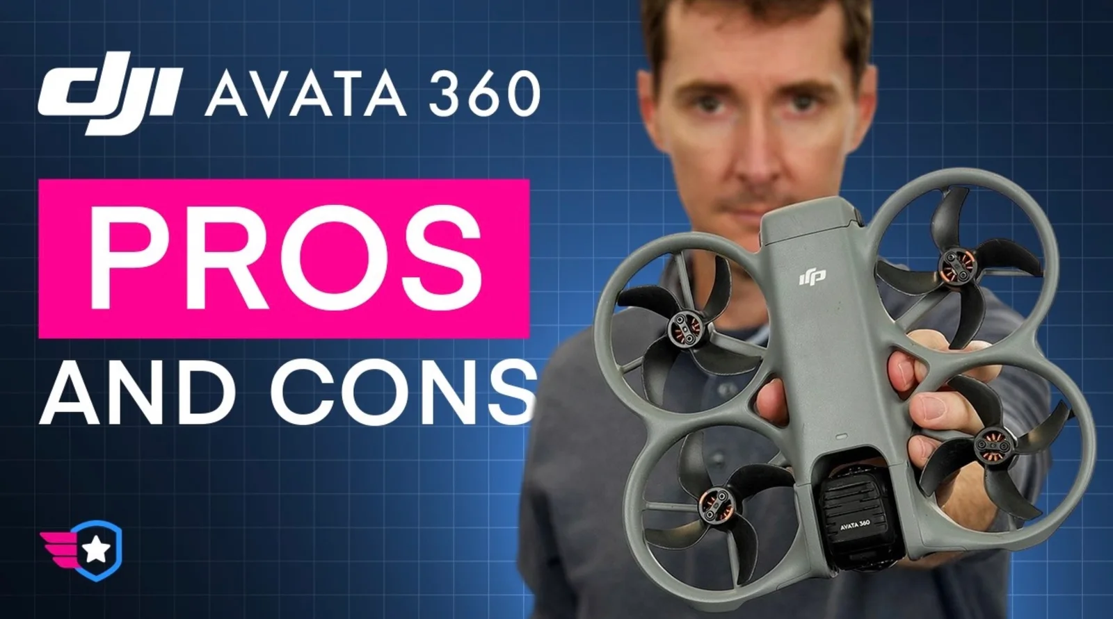 DJI Avata 360 held up in hand with Pros and Cons text overlay