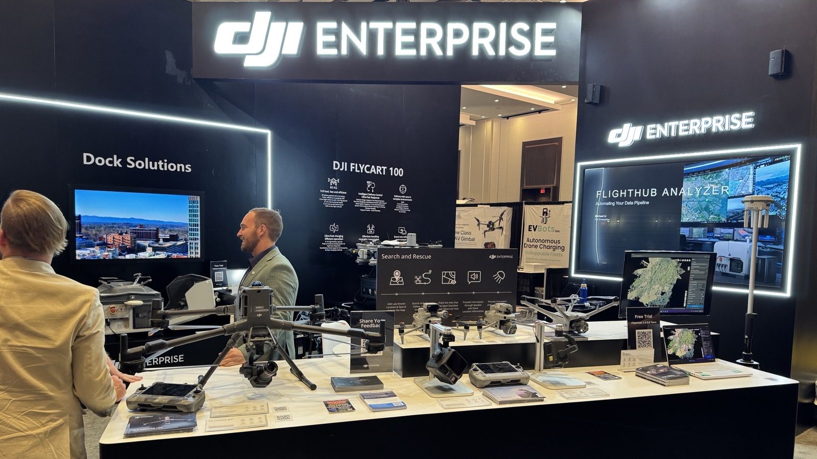 DJI Enterprise booth 903 at Commercial UAV Expo 2026 in Las Vegas with the Matrice 400, Matrice 4 series, Zenmuse L3 and Dock 3 on display