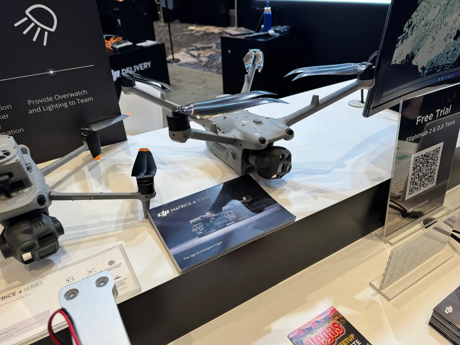 DJI Matrice 4 Series enterprise drones on display at the DJI Enterprise booth during the Commercial UAV Expo in Las Vegas