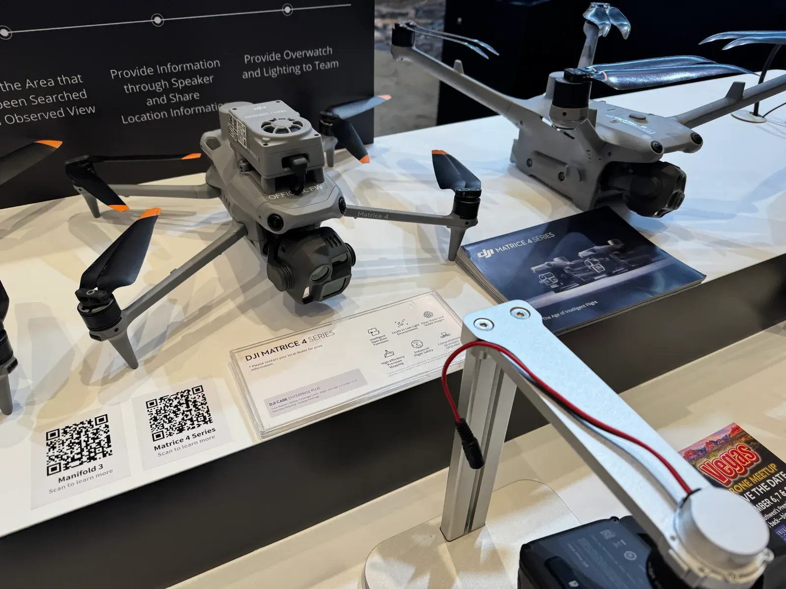 DJI Matrice 4 Series drones on display at the DJI Enterprise booth during the Commercial UAV Expo in Las Vegas