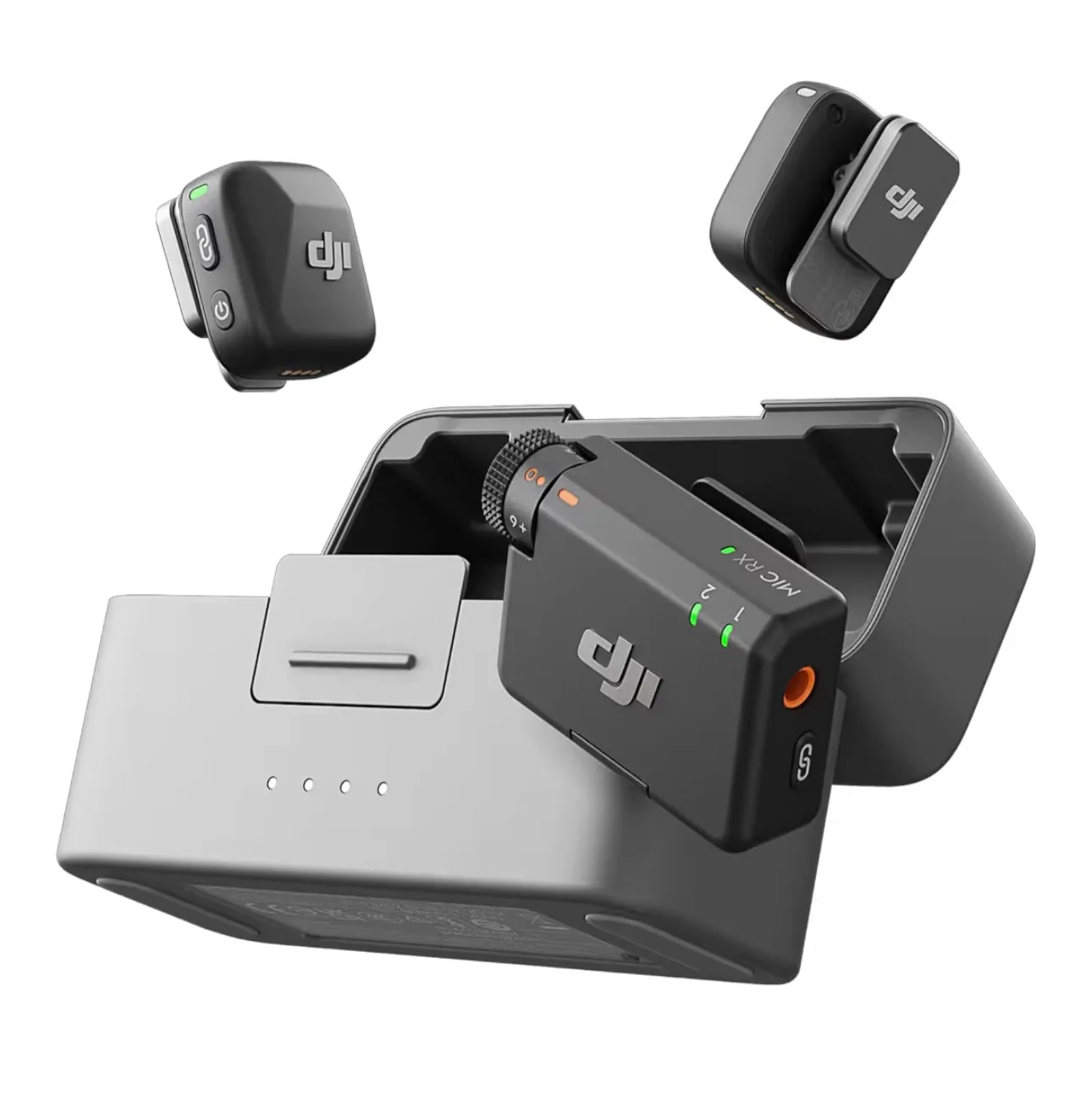 DJI Mic Mini transmitters, receiver, and charging case