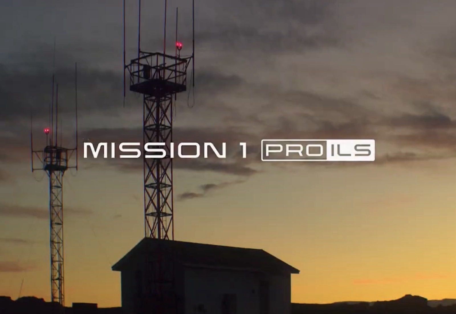 MISSION 1 PRO ILS title card from GoPro's launch video, with radio towers and a small building silhouetted against a sunset sky