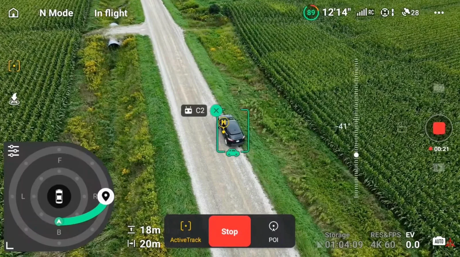 DJI Neo 2 using ActiveTrack to follow a car on a road