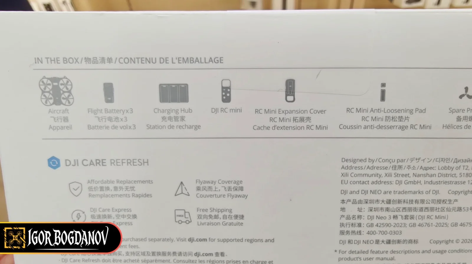 Back panel of the DJI Neo 3 retail box showing the in-the-box contents list