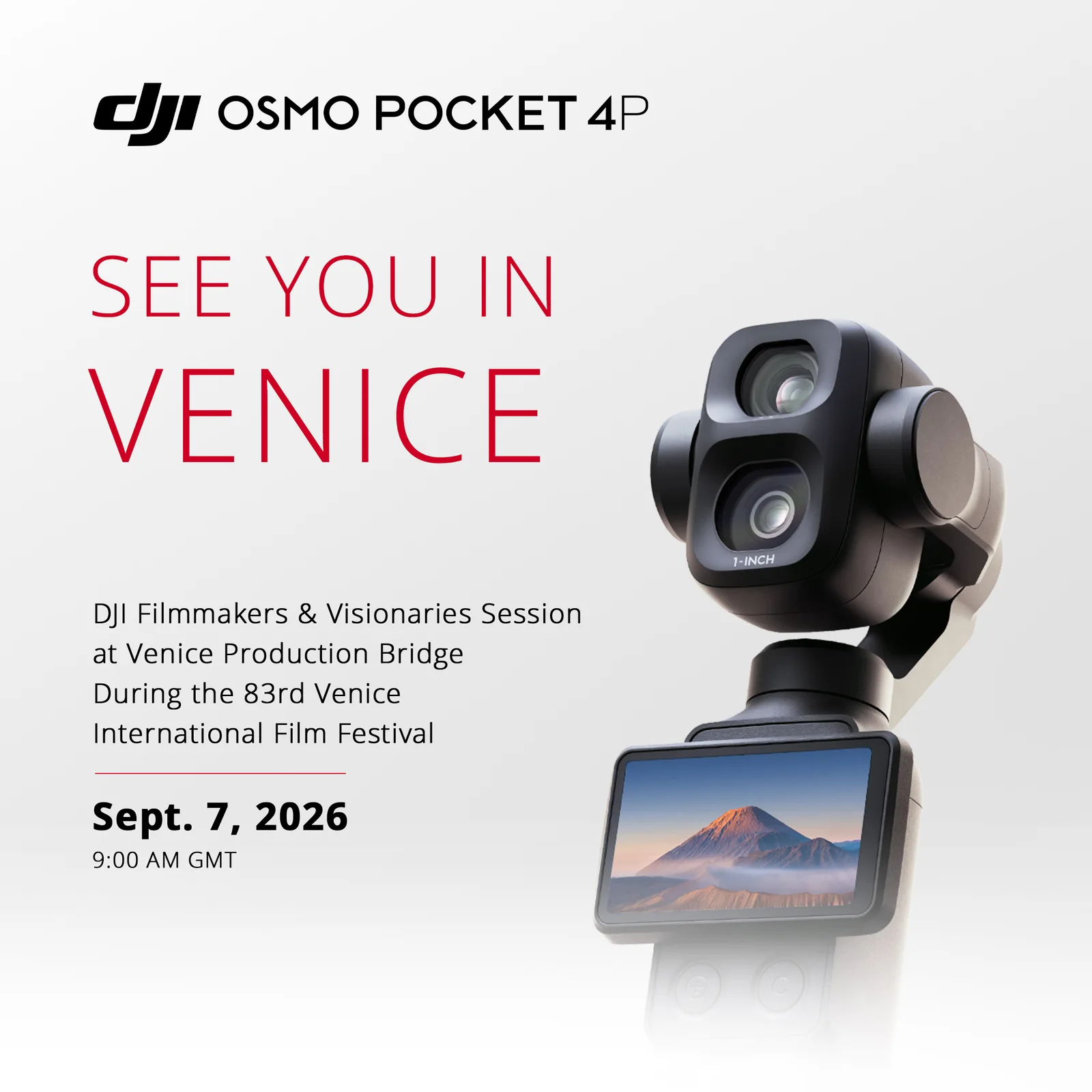 DJI Osmo Pocket 4P gimbal camera with dual lenses and flip-out touchscreen on a DJI teaser announcing a Venice Film Festival session