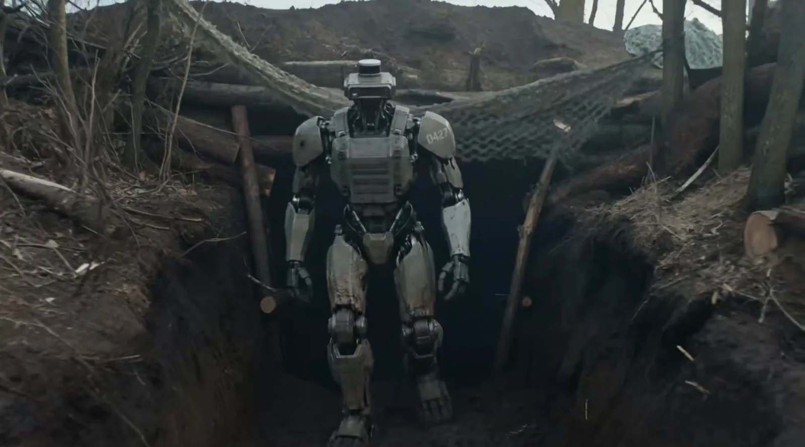 AI-rendered humanoid combat robot numbered 0427 walking through a trench