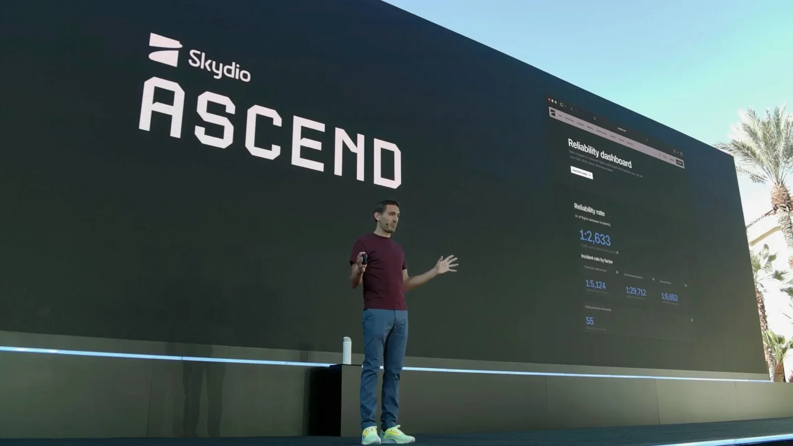 Skydio executive presenting reliability data on stage at Ascend 2026