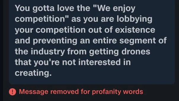 Skydio Ascend livestream chat comment about lobbying marked as removed for profanity