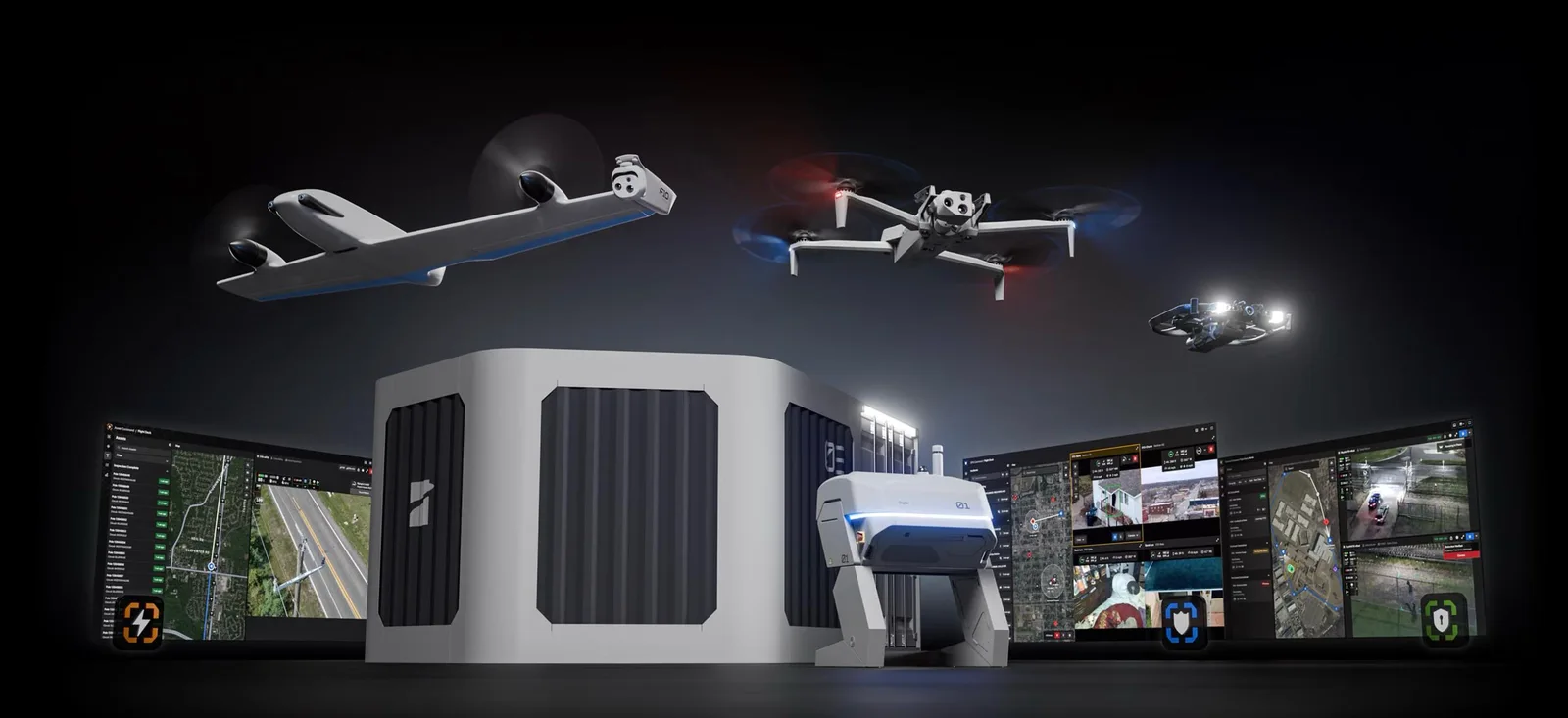 Skydio F10 fixed-wing drone, quadcopter, and dock with fleet management screens