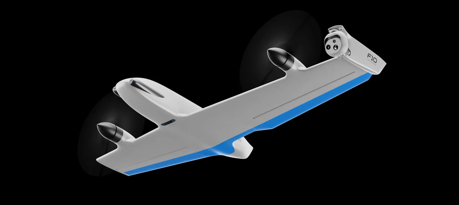 Skydio F10 fixed-wing drone studio render on black background