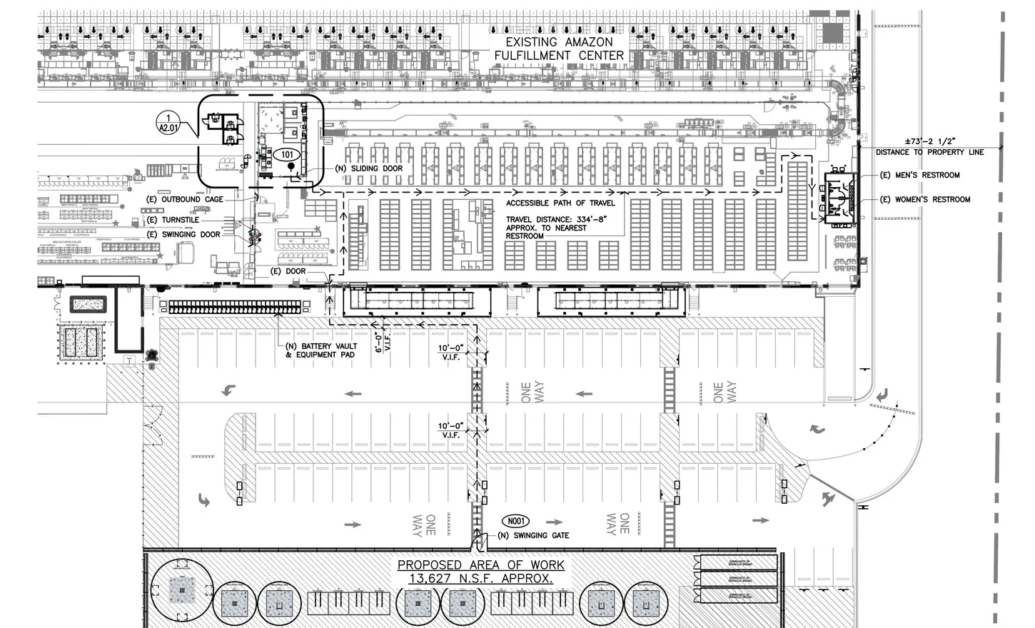 Architectural site plan showing a fenced drone paddock with six launch pads behind the Amazon fulfillment center in North Myrtle Beach