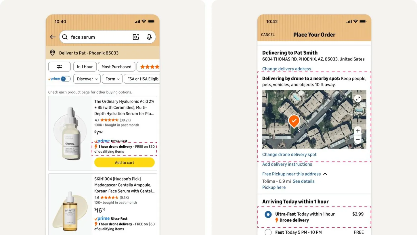 Two Amazon app screens: search results marked with one-hour drone delivery, and a checkout page showing a satellite map with an orange pin for the drone delivery spot