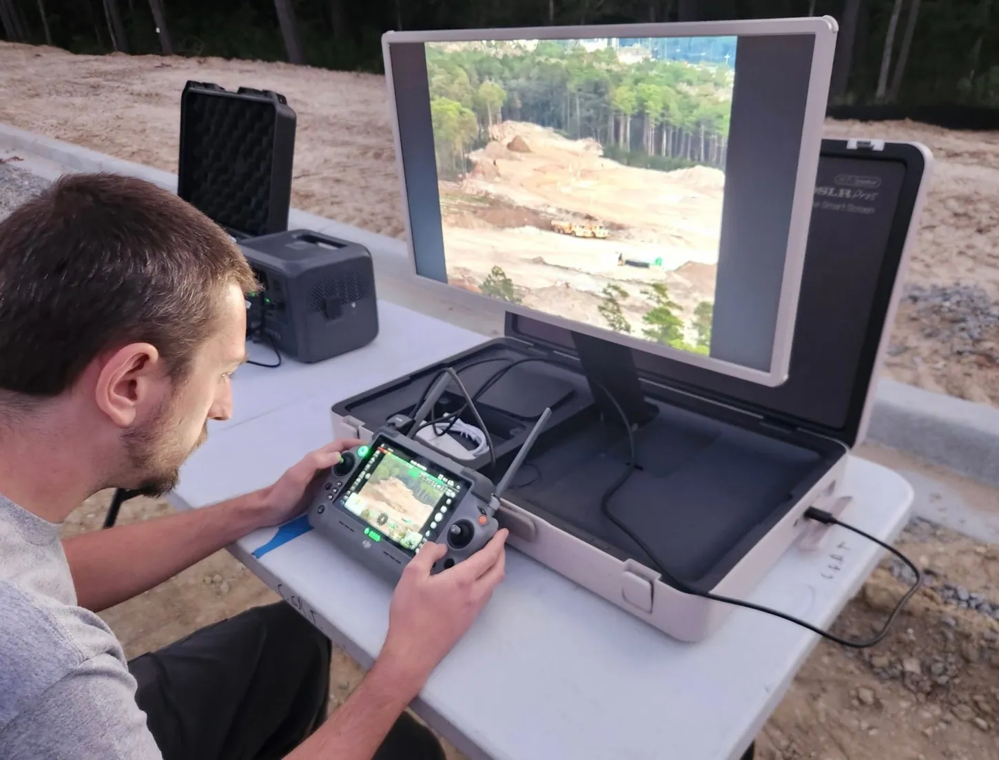 Volunteer in a gray T-shirt holding a DJI RC Plus 2 controller and watching the Matrice 4T's camera feed on a large screen showing a cleared construction site and pine trees
