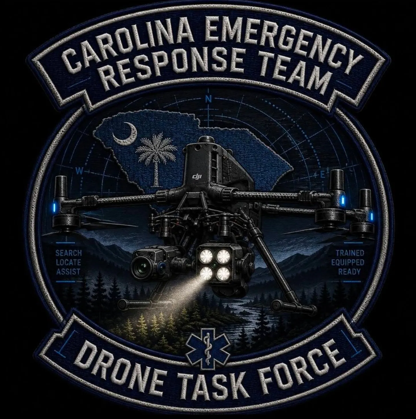 Embroidered-style patch reading Carolina Emergency Response Team, Drone Task Force, with a DJI drone shining a spotlight over the South Carolina crescent and palmetto on a navy background