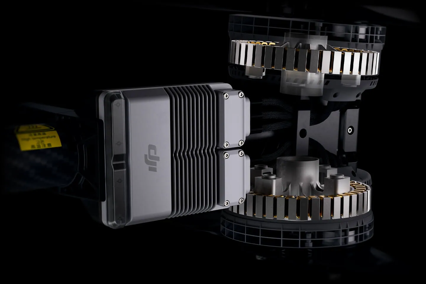 Exploded render of a DJI Agras T100 arm showing the brushless motor's stator and rotor separated, with the electronic speed controller housing beside it