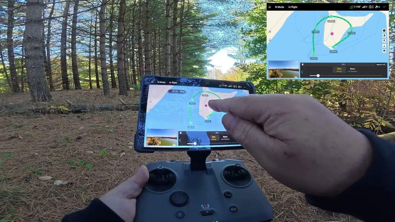 DJI RC Pro 2 screen showing a five-waypoint Avata 360 mission circling a point of interest over a lake, with the map view enlarged in the top corner