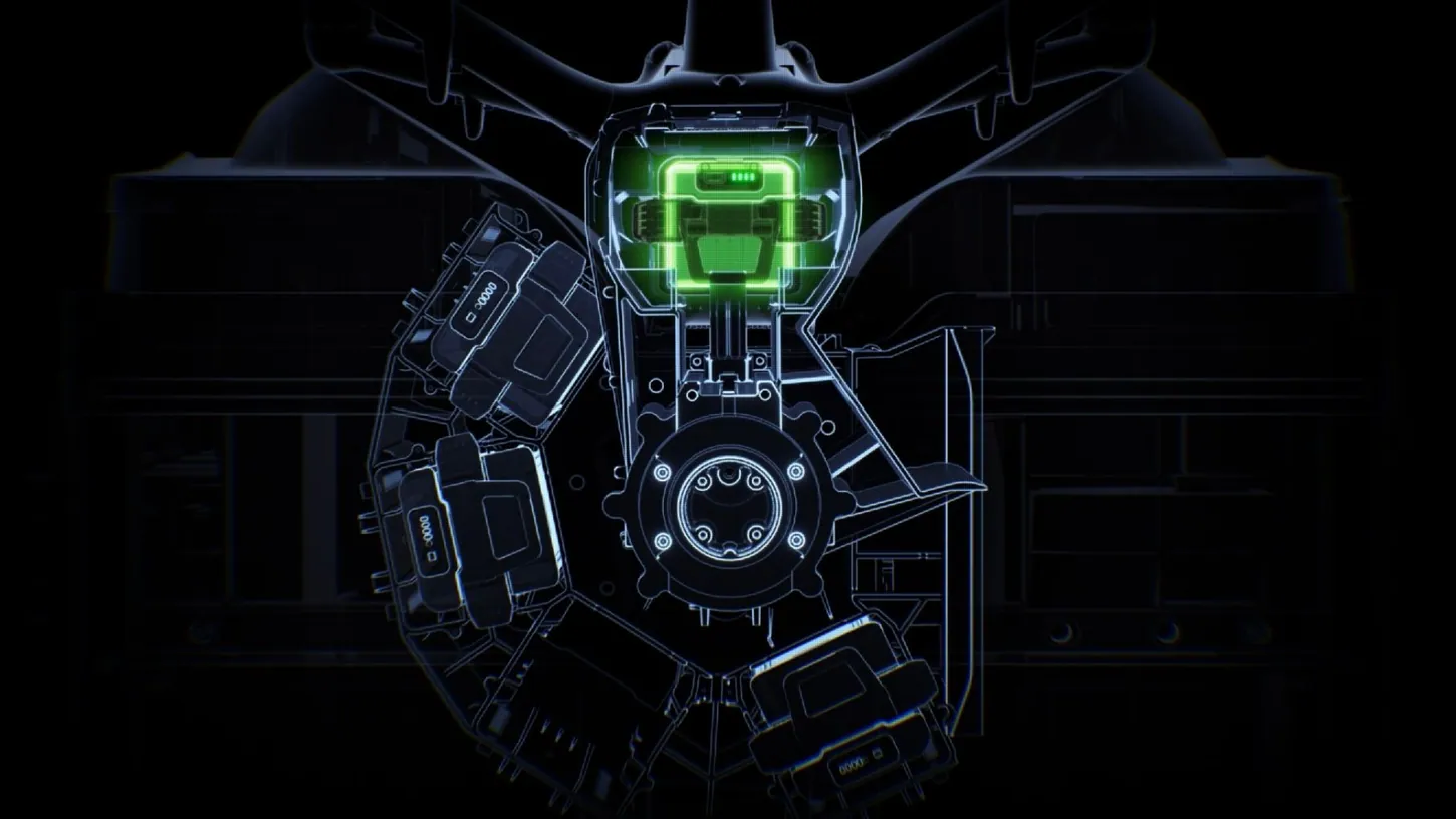 Wireframe render of a folded-arm DJI drone inside a dock with a glowing green battery pack seated in its rear bay above a rotating carousel of spare batteries