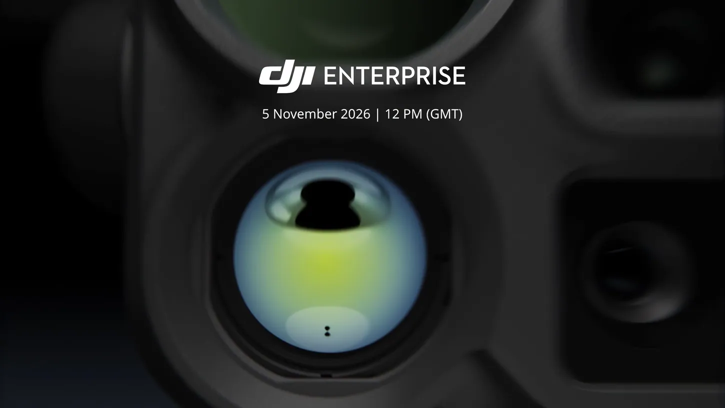 Close-up of a round thermal camera lens with a blue and yellow coating, set in a dark gray gimbal housing, with the DJI Enterprise logo and 5 November 2026 12 PM GMT above it