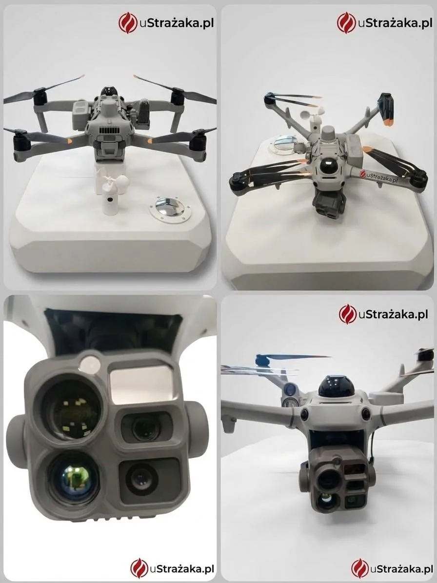 Four-image collage: a foldable gray DJI Matrice 5 seen from the rear on top of a closed DJI Dock 4, a Matrice 5TD with angled arms on the same dock, a close-up of the Matrice 5TD gimbal, and a front view of the Matrice 5TD