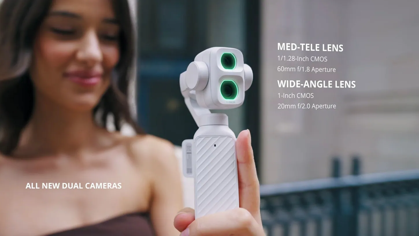 Woman holding the white DJI Osmo Pocket 4P toward the camera on a city street, its two lenses ringed in green, next to text listing the 60mm f/1.8 telephoto and 20mm f/2.0 wide lens