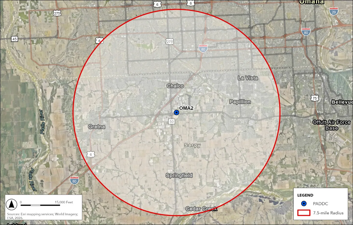 FAA map of Amazon's OMA2 drone hub with a red 7.5-mile radius circle covering southwest Omaha, Chalco, La Vista, Papillion, Gretna and Springfield, Nebraska