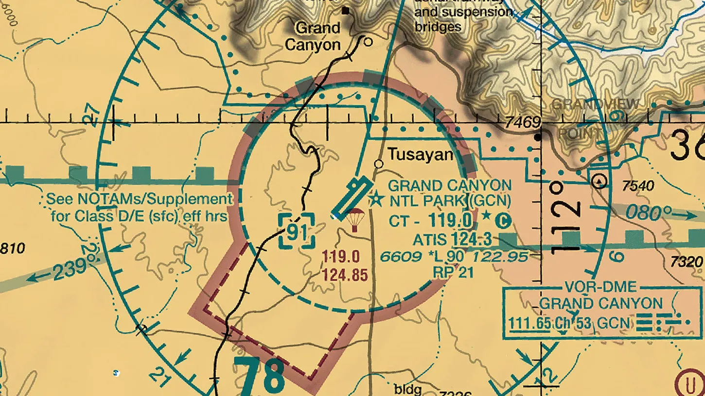 Excerpt of the FAA Las Vegas sectional chart showing Grand Canyon National Park Airport with its control tower frequency of 119.0 and ATIS of 124.3