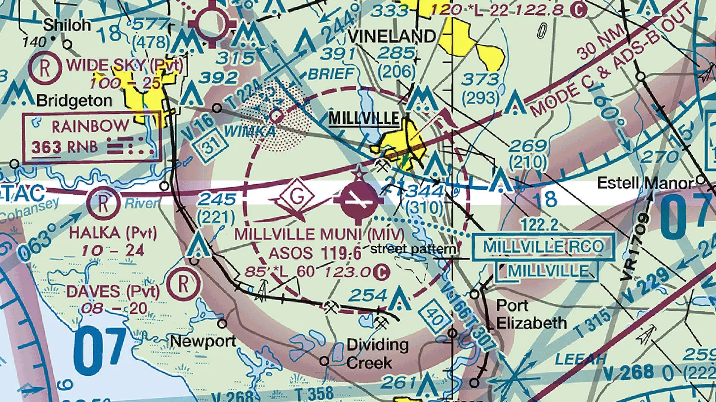 Excerpt of the FAA Washington sectional chart showing Millville Municipal Airport in New Jersey inside a dashed magenta Class E surface area ring