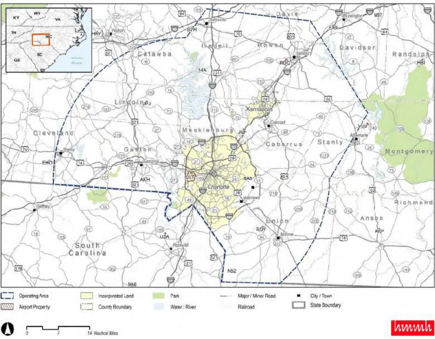 FAA map of Wing's Charlotte metro drone delivery operating area, a dashed boundary around Charlotte reaching west past Gastonia to Shelby and stopping at the South Carolina line