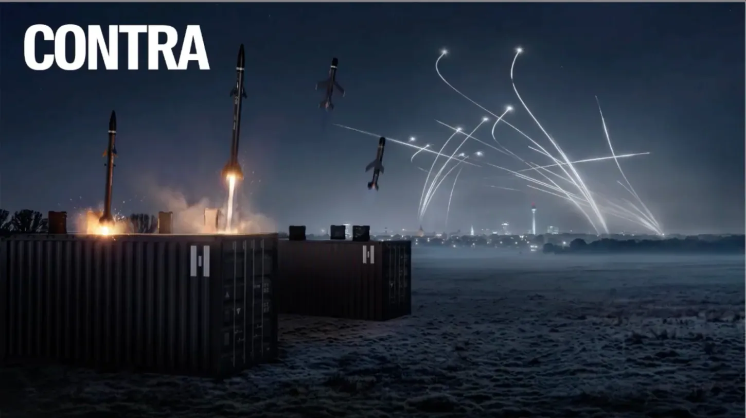 Helsing render of Contra interceptors launching from two shipping containers at night as dozens of incoming drone trails arc toward a city skyline