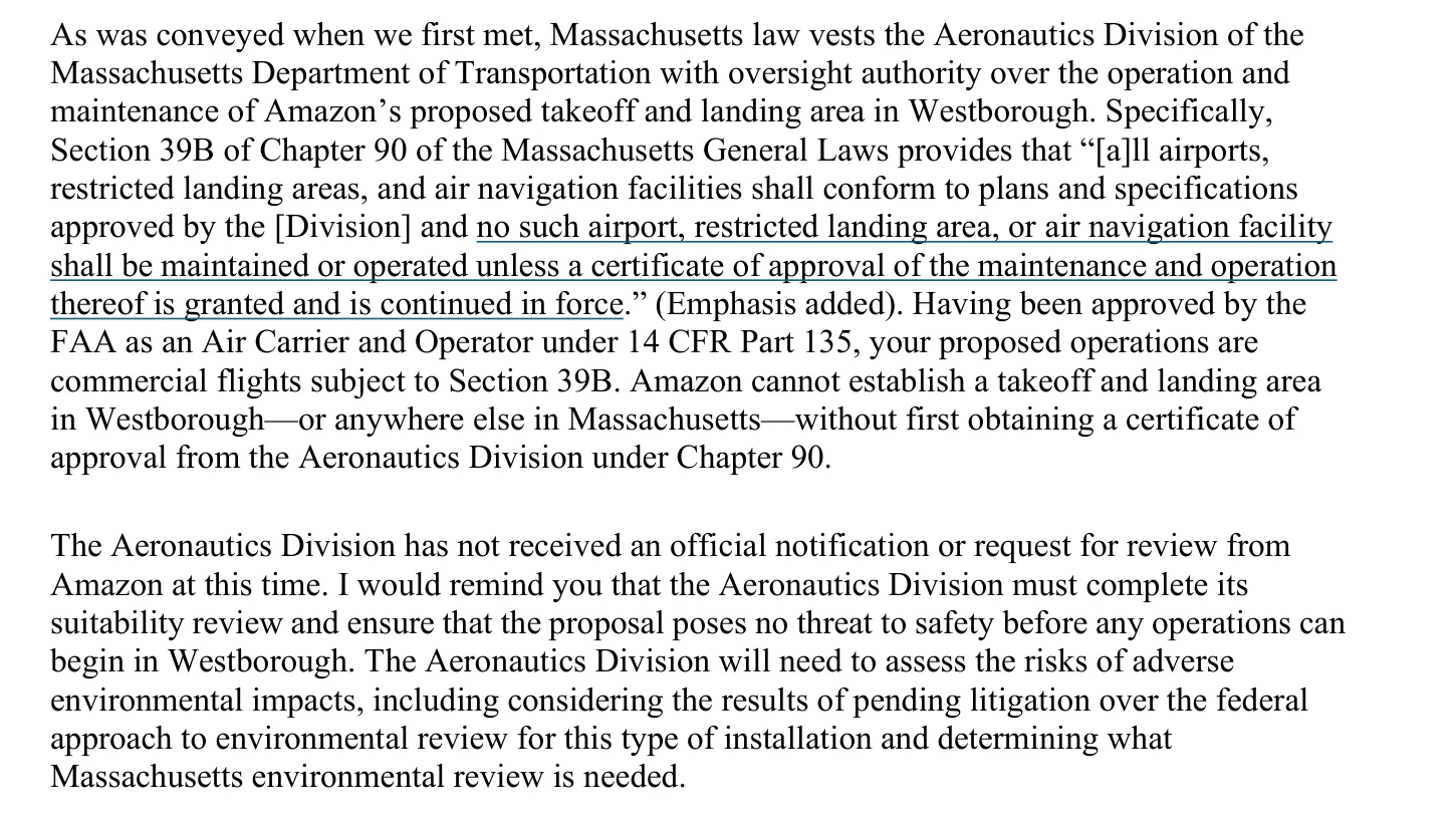 Two paragraphs of a typed letter from the MassDOT Aeronautics Division quoting Section 39B of Chapter 90 and stating that the division has not received a request for review from Amazon