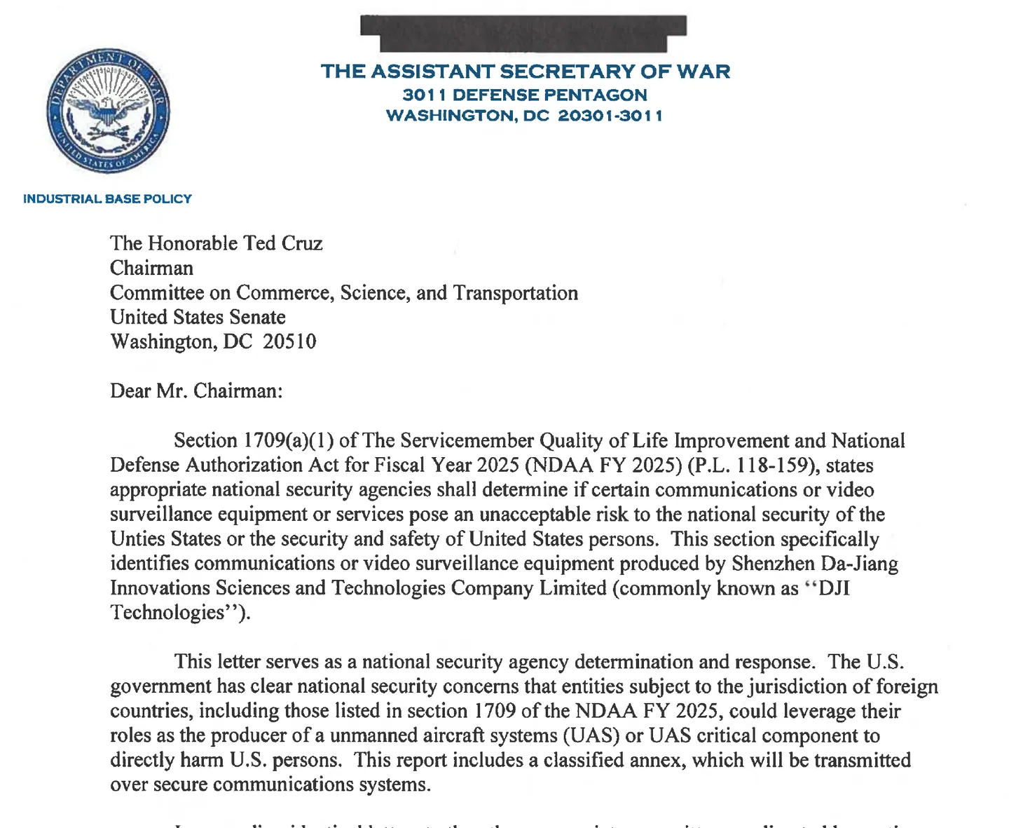 The first page of the Department of War letter to Senator Ted Cruz, with the Assistant Secretary of War letterhead, a redacted block above it, and two paragraphs citing Section 1709 and announcing a classified annex
