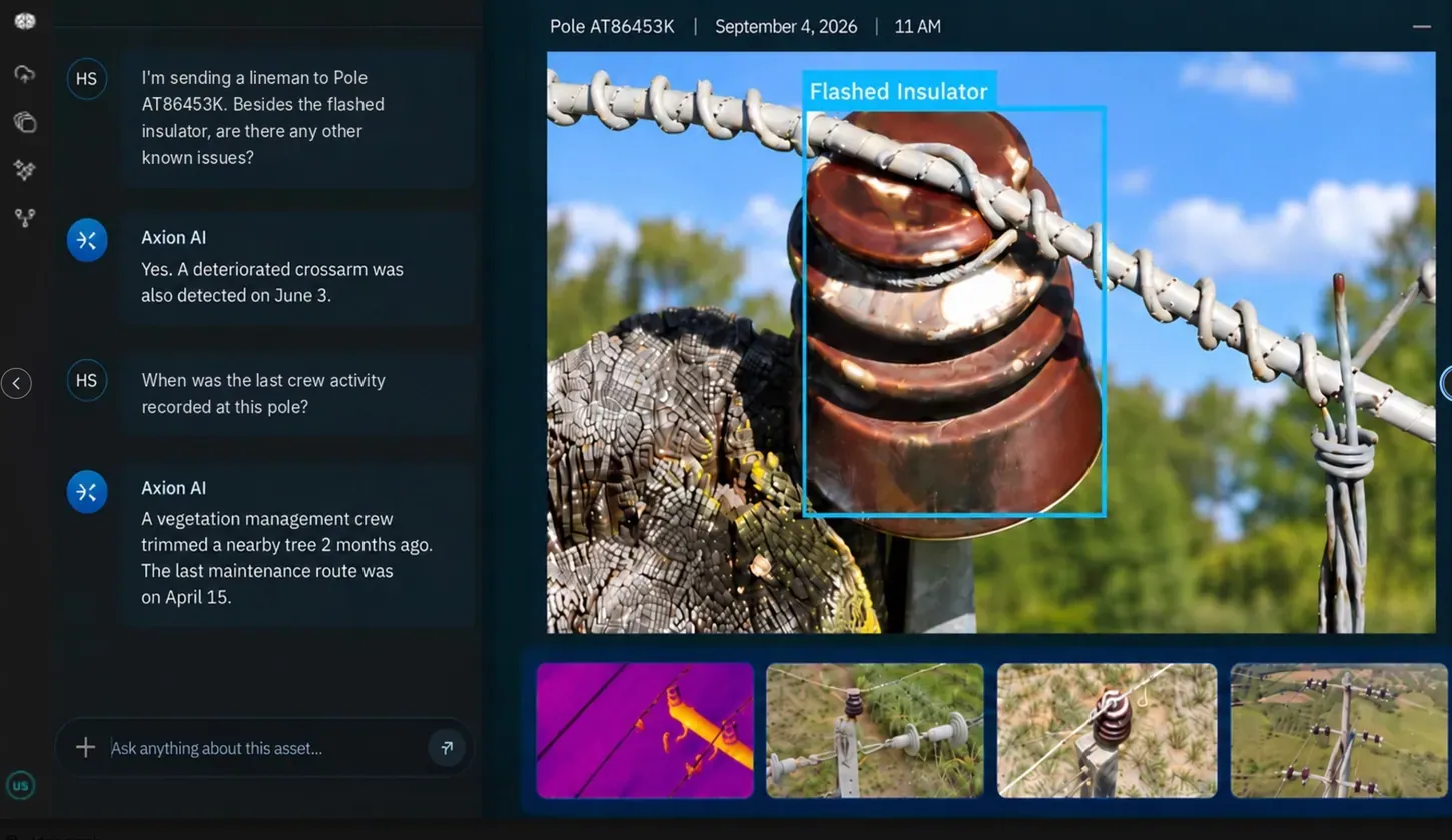 Axion chat panel answering questions about a utility pole next to an image of a flashed insulator and a strip of thermal and aerial thumbnails