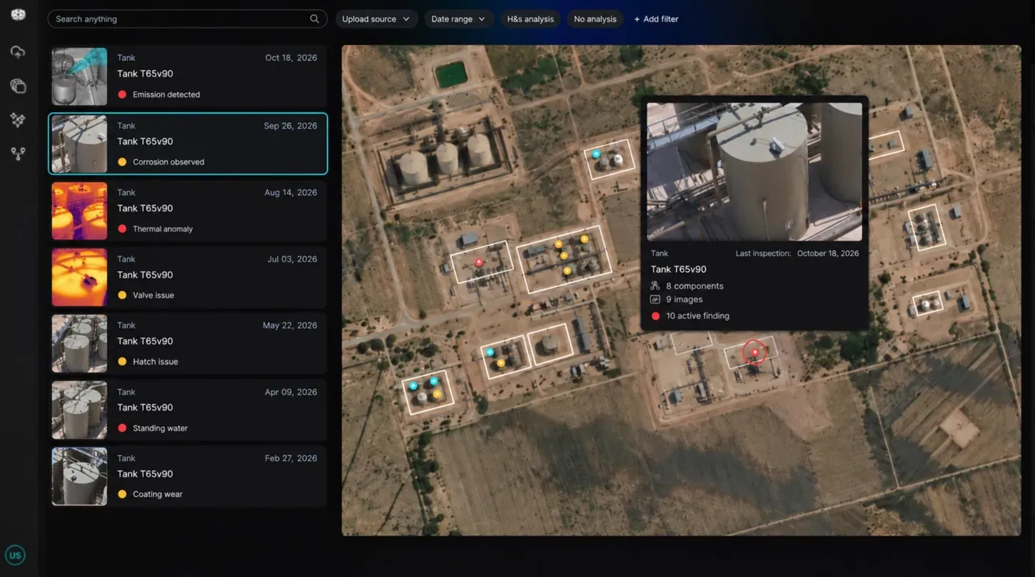 Axion satellite map of an oil and gas tank site with colored finding markers and a pop-up for a storage tank showing 8 components, 9 images and 10 active findings