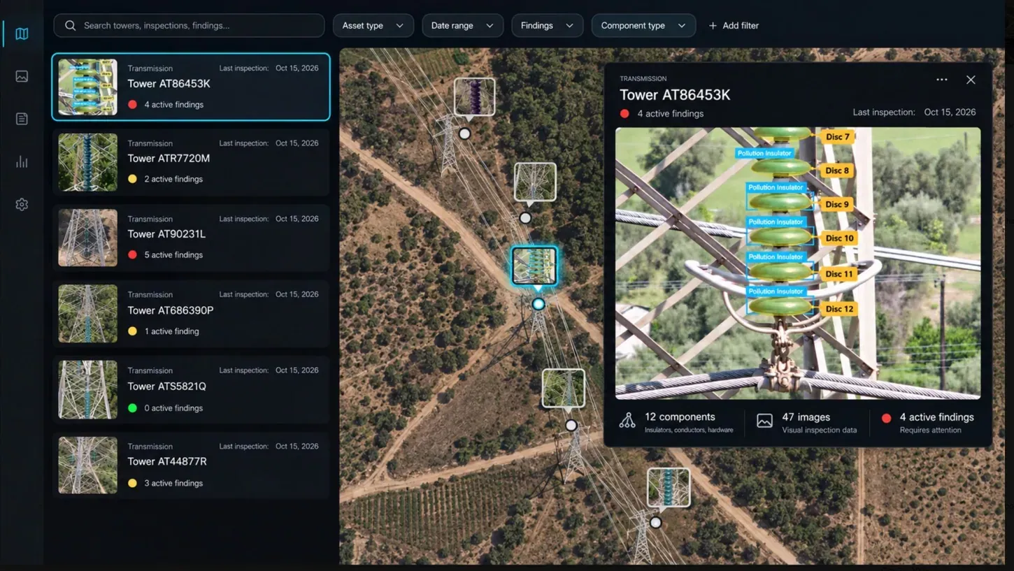 Axion map of a transmission line with tower thumbnails, a list of towers and their active findings, and a close-up of insulator discs labeled Pollution Insulator