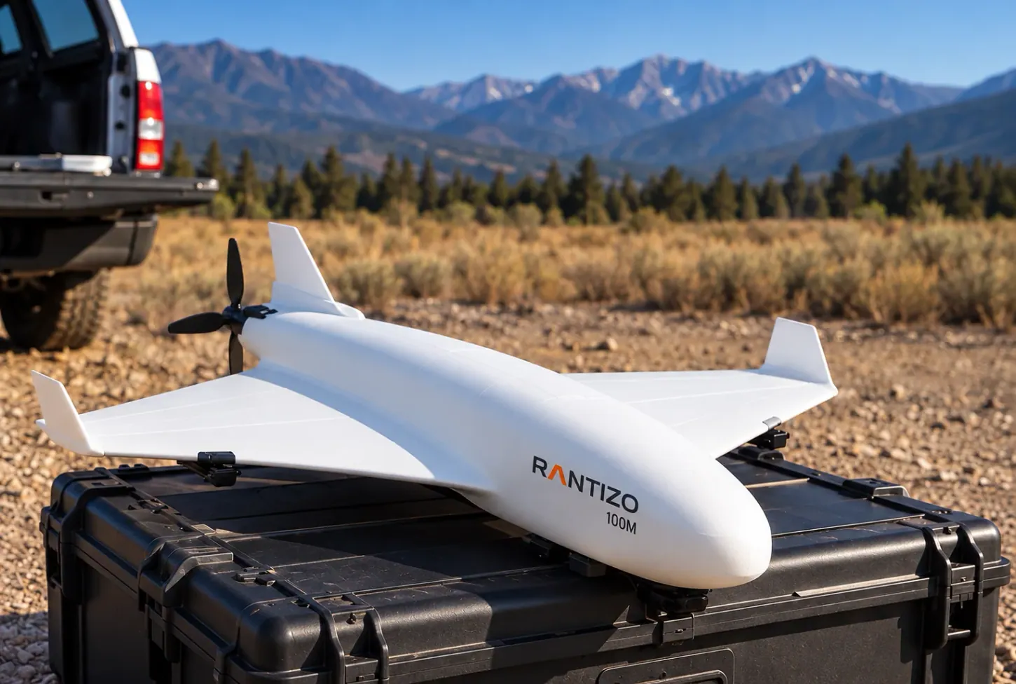 White fixed-wing drone marked Rantizo 100M resting on a black hard-shell case, a pickup truck and pine-covered mountains behind