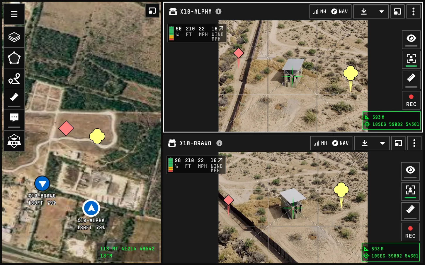 Drone ground control screen with a satellite map and two live video feeds labeled Alpha and Bravo watching the same building